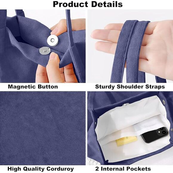 Women Dark Purple Imported Corduroy Small Canvas Shoulder Handy Tote Bag - Picture 4 of 4